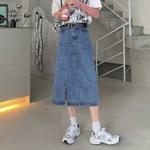 Summer 2021 new retro high waist slim mid-length denim all-match split skirt women