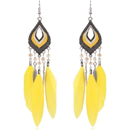 HC Elegant Red Yellow Color Long Feather Statement Earrings Women Bohemian Jewelry Vintage Leaf Enamel Metal Geometric Earring F