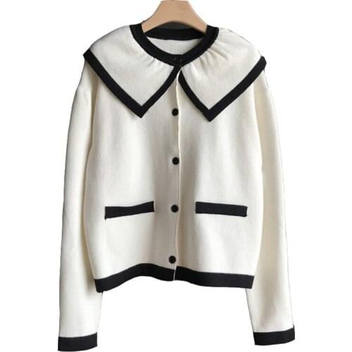 PERHAPS U Women White Sweater Knitted Long Sleeve Button Cardigans Casual Loose Peter Pan Collar Autumn M0223