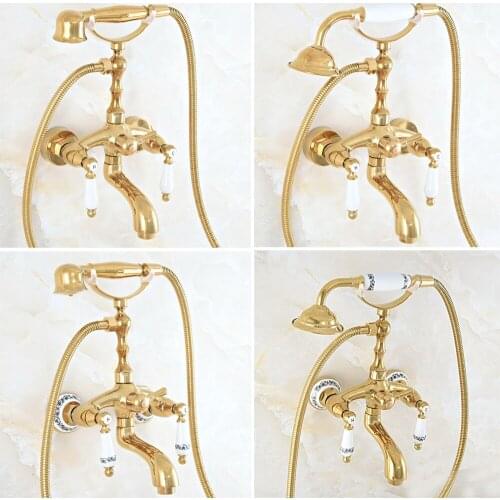 Golden Bathtub Faucet Bath Shower Faucet Set Dual Knobs Mixer Tap Wall Mounted Bath Tub Shower Faucet