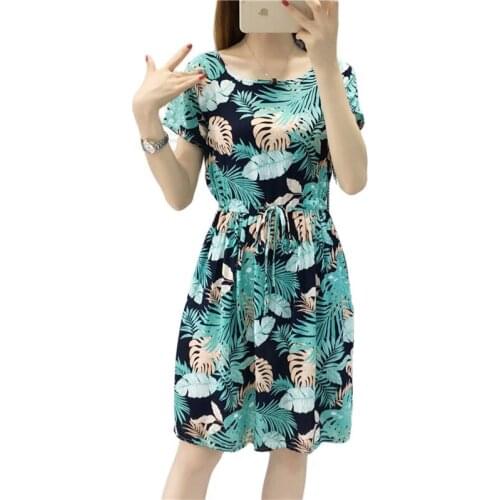 2021Summer Womens Floral Dress Cotton silk Female Dress Short-Sleeved Retro Casual Middle Length Hedging Drawstring Beach Dress