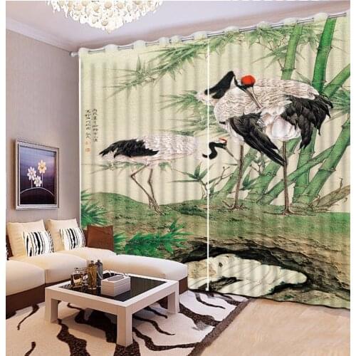 Red-crowned crane 3D Window Curtains Blackout living room office bedroom Cortinas Drapes Rideaux Green bamboo print pillowcase