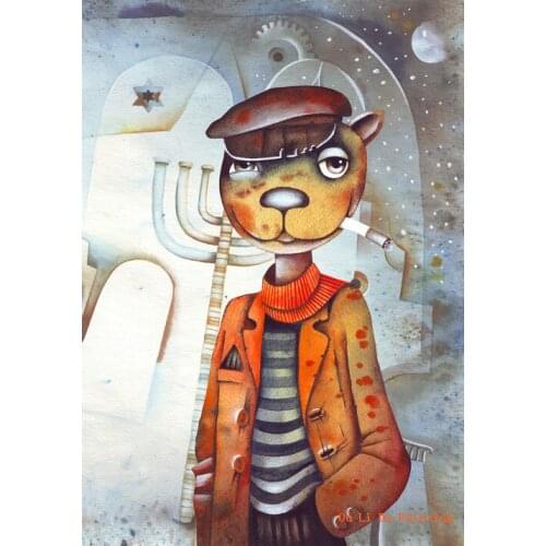 Free shipping abstract cartoon cat smokes scenery oil painting canvas painting prints on canvas kid room decoration pictures