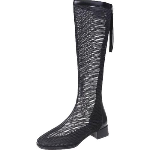 New Women Boots Sexy Breathable Mesh Sandal Boots Summer Knee High Boots for Women Ladies Low Heel Sandals Shoes Women