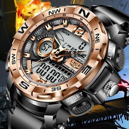 2021 LIGE Sport Men Quartz Digital Watch Creative Diving Watches Men Waterproof Alarm Watch Dual Display Clock Relogio Masculino