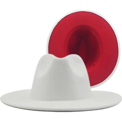 New White Red Patchwork Felt Jazz Hat Cap Men Women Flat Brim Wool Blend Fedora Hats Panama Trilby Vintage Hat 56-58-60CM