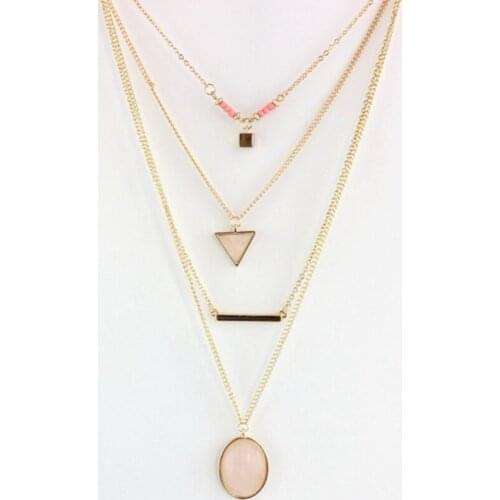 FYSL Light Yellow Gold Color Multi Layer Rose Pink Quartz Pendant Link Chain Necklace Ethnic Style Jewelry
