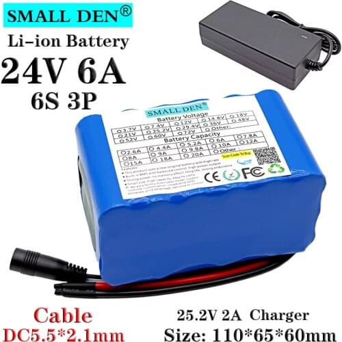 24V 6Ah 18650 lithium battery pack + 25.2V 2A charger 6S3P 350W 6000mAh, electric self-propelled battery with BMS + charger