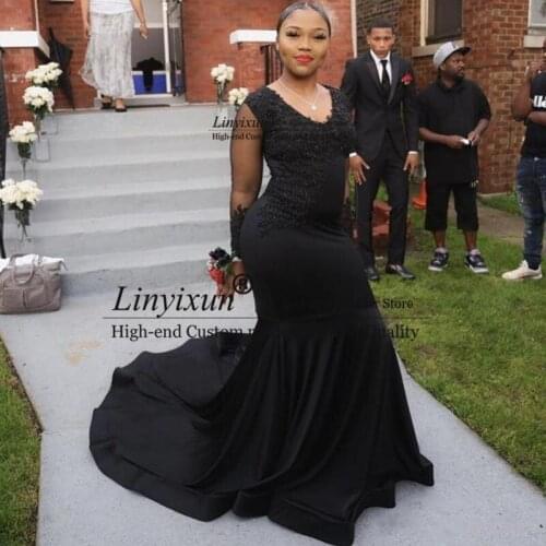 Custom Long Sleeves Lace Plus Size Mermaid Prom Dresses 2020 with Beaded Appliques African Sweep Train Evening Party Gowns