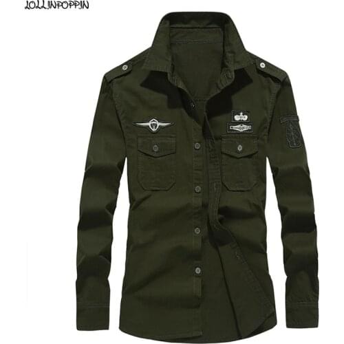 Men Military Style Long Sleeve Army Shirt With Epaulets 100% Cotton Turn Down Collar Embroidery Badges