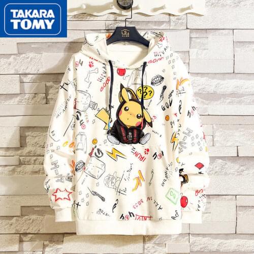 TAKARA TOMY Pokemon mens fashion spring and autumn cartoon hooded long-sleeved shirt simple and comfortable cotton sweater