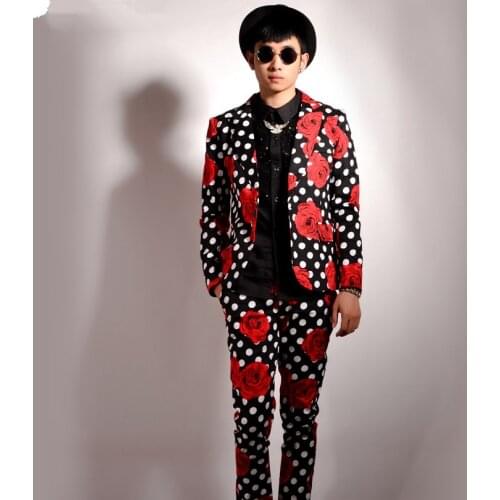 2020 Mens Floral Blazer New Mens Rose Print Embroidery Blazer Polka Dot Print Blazer Party Club Vintage Veste Costume Homme