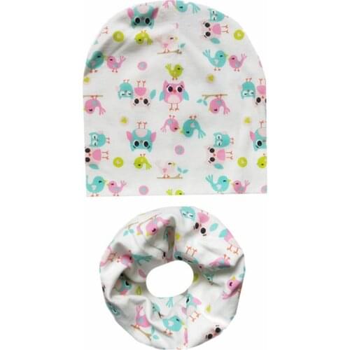 Cartoon Print Baby Cotton Hat Scarf Set Lovely Childrens Caps Bibs Scarf Boys Girls Warm Beanie Collar Kids Baby Hat Bibs Sets