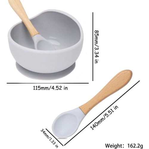Baby Silicone Feeding Set Wooden Spoon Non-Slip Feedings Silicone Bowl Kids Toddler Assist Tableware Baby Plate