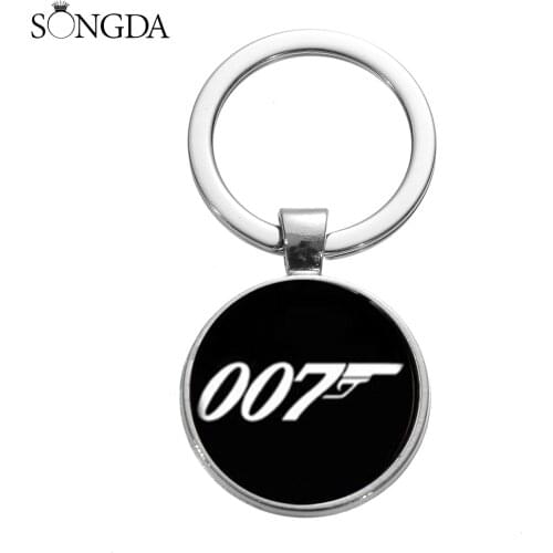 New James Bond 007 Keychain Classic Action Movie Black White 007 Pattern Glass Dome Key Chain Key Ring Nice Gift for Fans