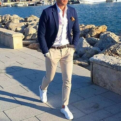 Casual Navy Blue Jacket Beige Pant Mens Suits Groom Tuxedos Groomsmen Wedding Party Suits For Men Custom Made Best Man Suits