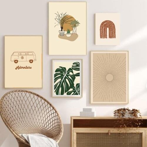 Nordic Abstract Canvas Painting Monstera Leaf Sunset Wall Art Posters And Prints Pictures Modern For Living Room Decoration