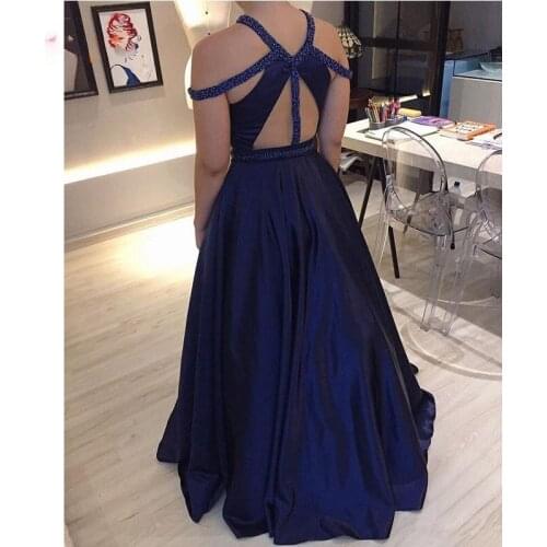 Navy Blue Satin Formal Evening Dresses Halter A-Line Stunning Beaded Open Back Prom Gowns avondjurken