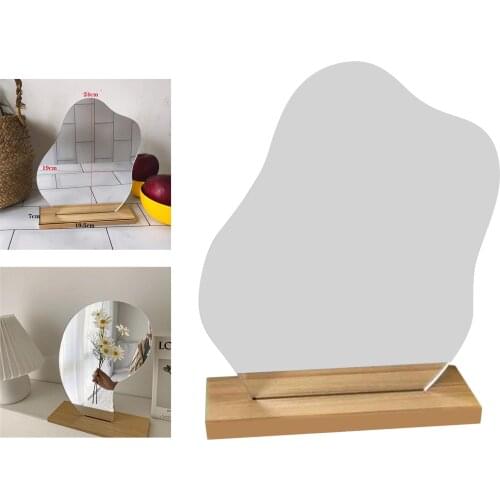 Dressing Irregular Makeup Mirror w/ Wooden Base For Women Decorative Gift Tabletop Desk Makeup Mirror Wooden Base