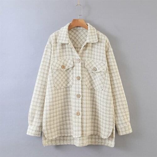 2020 autumn new ladies coat lapel long-sleeved sand color plaid pocket buttoned lady temperament shirt jacket