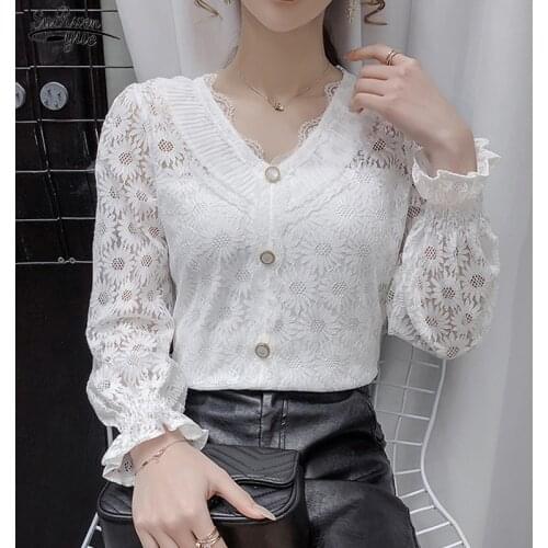 Autumn Fashion White Vintage Long Sleeve Tops Sexy Lace Patchwork Hollow Out Shirt Button Mesh Crochet Lace Blouse Women 16002