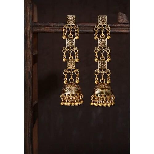Retro Womens Gold Color Long Earrings Turkey Bijoux Vintage Bohemia Flower Earrings Ethnic Tribe Indian Jewelry