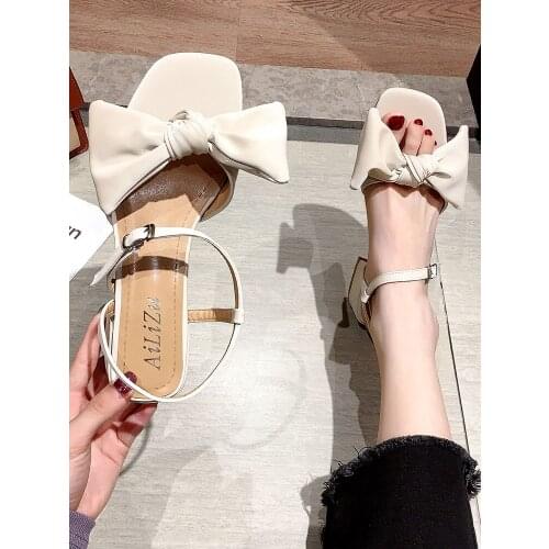 Womens shoes thick heel sandals 2020 summer new bow casual mid-heel shoes