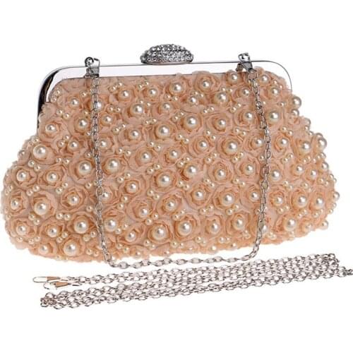 Beaded Women Clutch Party Wedding Chain Shoulder Handbags Diamonds Metal Rose Vintage Evening Bags