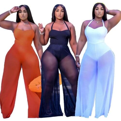 Plus Size 5xl Jumpsuit Women Wholesale Bodysuit Summer Mesh Patchwork Wide Leg Sexy New One Piece Outfits Dropshipping FT383