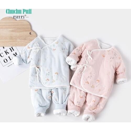 Cotton Squirrel Printed Winter Warm Quilted 2pc Newborn Baby Pajamas Set with Ribbon Cute Baby Overalls Warm Boys Jumpsuit Out