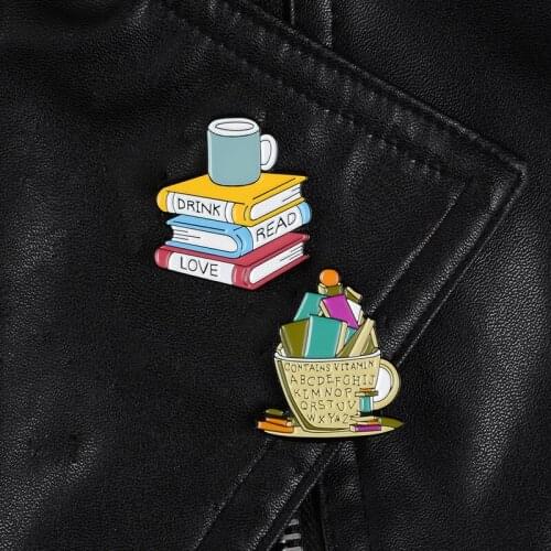 Drink Coffee Read Book Enamel Pins Bookworm Reader Brooch Funny Lapel pins Wholesale Gift for Friends Students