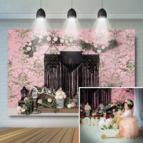 Garden Pink Wall Kids Backdrop Portrait Spring Floral 1st Birthday Grass Rose Decorion Background Photocall Prop Photostudio