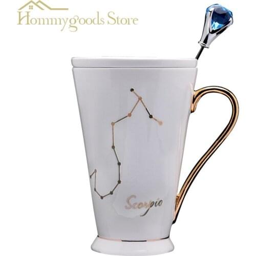 Ceramic Cup 12Constellations Mug Fashion Drawing Gold Decal Bone China Porcelain Coffee Mugs Creative With Crystal Spoon Zodiac