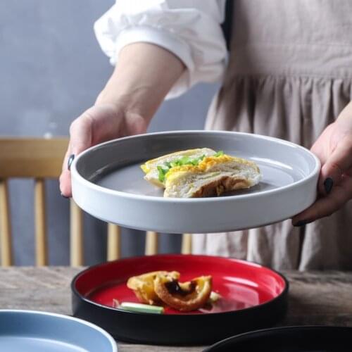 Nordic Ceramic Straight Side Flat Bottom Salad Bowl Ramen Fruit Plate Household Round Main Course Dessert Plate Hotel Tableware