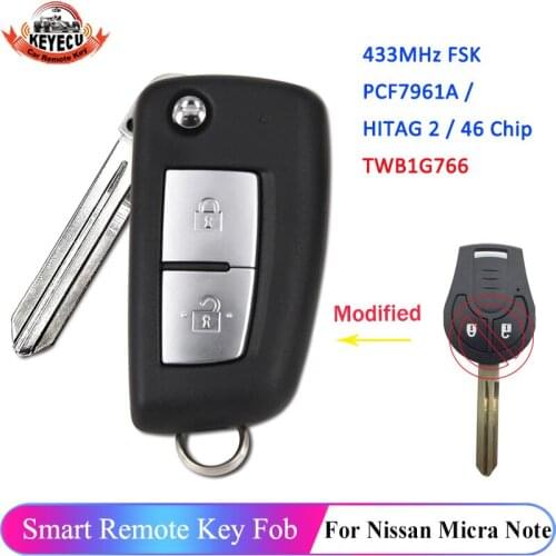 KEYECU TWB1G766 2 Button 433MHz Upgraded Flip Remote Key Fob PCF7961A HITAG 2 ID46 for 2014 2015 2016 2017 Nissan Micra Note