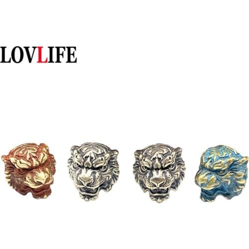 Retro Brass Tiger Head DIY Handmade Lanyard Keychain Pendant Jewelry Accessories Copper Animal Knife Beads EDC Paracord Hangings