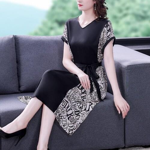 Summer Black Print Patchwork Mulberry Silk Midi Dress 2021 New Vintage 4XL Plus Size Dress Women Elegant Bodycon Party Vestidos