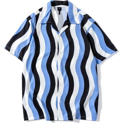 Summer Hawaiian Beach Shirts Streetwear Fashion Striped Shirts for Men Short Sleeve Vacation Blouse Button Up Shirt Wave Pattern