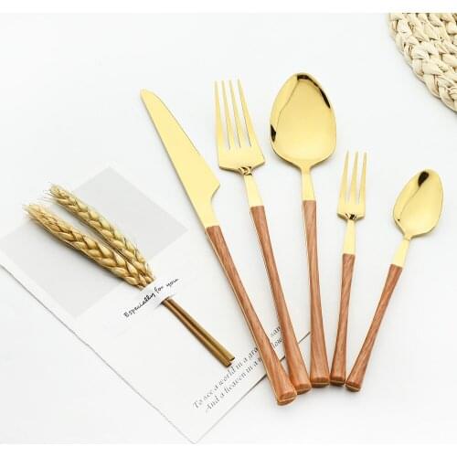 Mirror 6set Gold Stainless Steel Dinnerware Set Wooden Texture Tableware Western Food Knife Fork Teaspoon Flatware Cake Fork Set