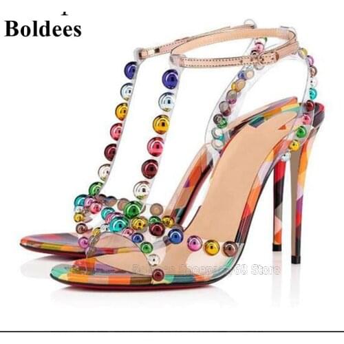 New Designer Colorful Transpatent Ball PVC Thin High Heel Sandals Women T-strap Rivet Sandalias Summer Party Dress Shoes