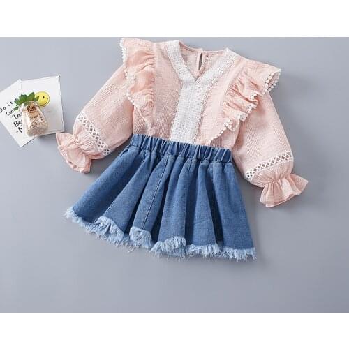 2-7 Years High Quality Spring Girl Clothing Set 2021 New Fashion Pink Solid Shirt + Denim Skirts Kid Children Girls Clothing