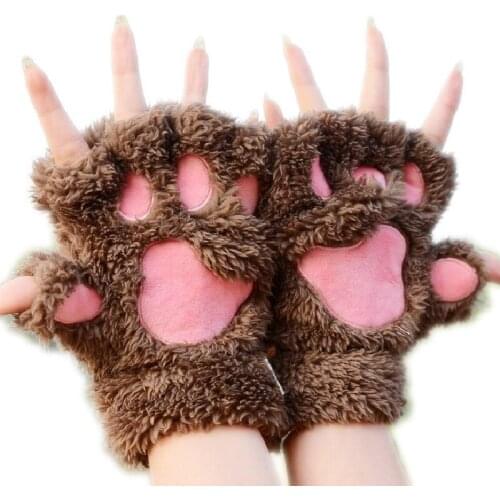 Cat Paw Gloves Winter Warm Cute Cartoon Cat Girl Fingerless Gloves Women Thick Lovely Fluffy Bear Paw Female Half Finger Gloves