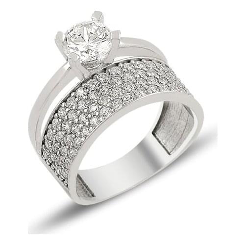 Silver 925 Sterling Zircon Cubic Zirconia Four Row Half Round Engagement Ring