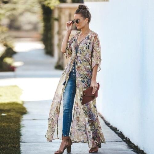 Fancy style lovely Flowers Print Summer Casual Coat Float Light Chiffon Translucent Elegant Kimono Bow Crossover Long Cowl Lady
