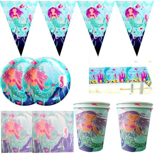 Happy Birthday Party Mermaid Theme Plates Kids Girls Favors Cups Napkins Tablecloth Baby Shower Decorate Towel Banner 51pcs/lot