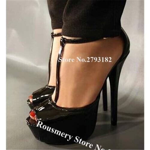 Women Sexy Peep Toe Patent Leather High Platform Stiletto Heel Pumps Wine Red Black T-strap High Heels Formal Dress Shoes