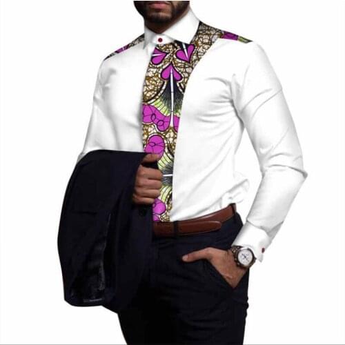 Stock Size Low PriceMen African Shirt Causal Shirt African Print Patchwork Long Sleeve Turn-down Collar Shirt WYN81