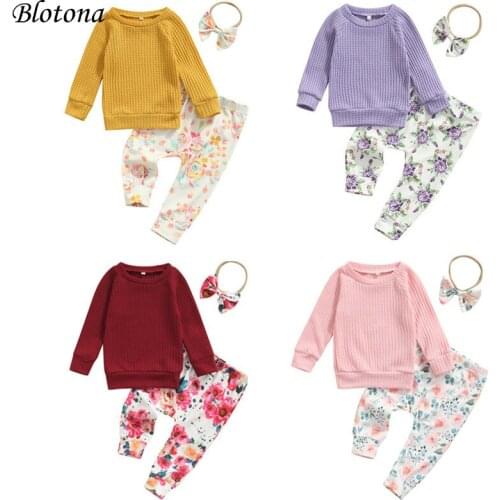 Blotona Baby Girls Spring Fall Clothes Set, Solid Color Long Sleeve O-neck Tops+Floral Print Trousers+Bow-knot Headband, 0-24M
