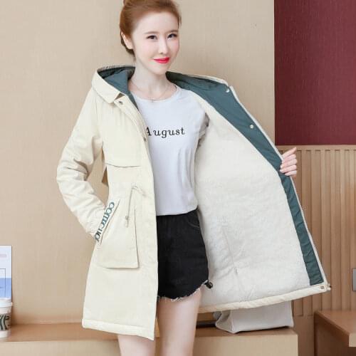 Women Windbreaker 2021 Autumn Winter Causal Hooded Plus Velvet Female Trench Coat Korean Long Zipper Basic Ladies Outerwear