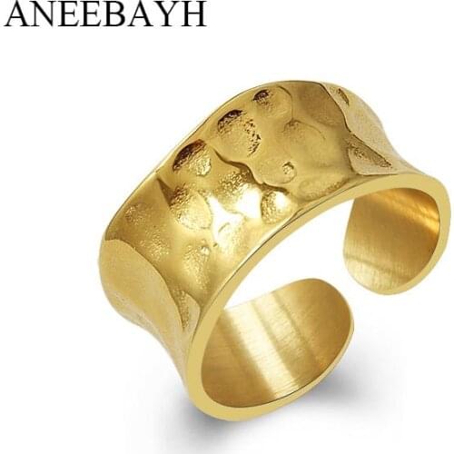 Vintage Stainless Steel Gold Rings For Women Retro Statement Irregular Hammered Texture Open Finger Rings Jewelry Party Gift